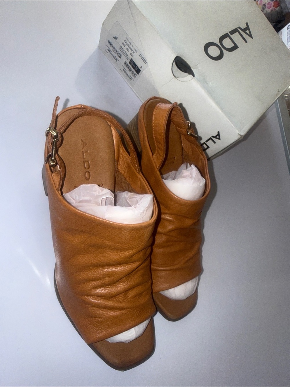 ALDO Women's Cognac Ruched Leather Open-Toe Slingback Sandals